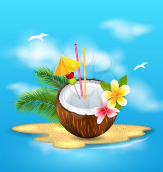 Illustration Exotic Coconut Cocktail with Frangipani and Palm Leaves. Summer Background - Vector