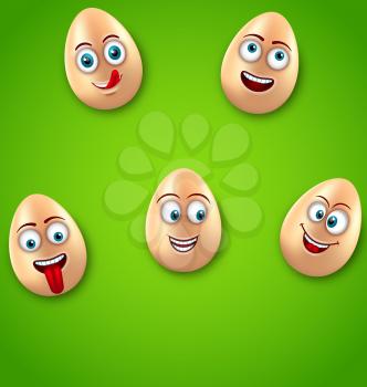 Illustration Happy Easter Background with Cheerful Cartoon Eggs, Positive Emotions, Humor Banner - Vector