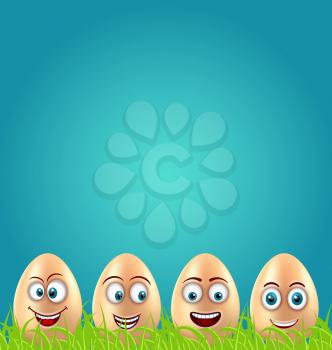 Illustration Humor Easter Card with Crazy Eggs on Grass Meadow, Greeting Nature Background - Vector