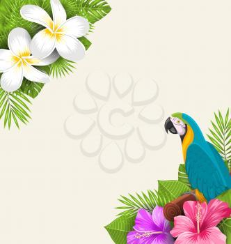 Illustration Exotic Border with Parrot Ara, Flowers Plumeria and Hibiscus, Natural Background - Vector