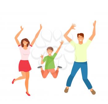 Father, Mother and Son Jumping. Happy Active Family Isolated on White Background, Sporty People - Illustration Vector