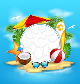 Illustration Summer Background with Sea, Island, Beach, Umbrella, Coconut Cocktail, Sunglasses - Vector