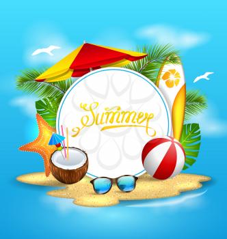 Summer Background with Sea, Island, Beach, Umbrella, Coconut Cocktail