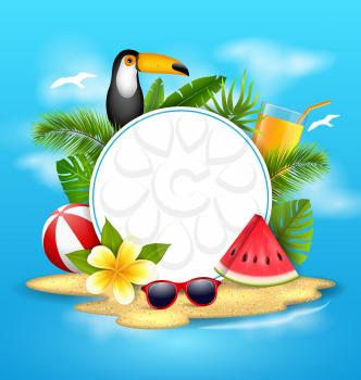 Summer Poster with Toucan Bird, Watermelon, Sea, Island, Beach, Orange Cocktail, Palm Leaves - Illustration Vector