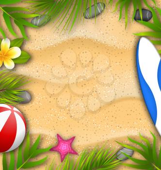 Illustration Beautiful Poster with Palm Leaves, Beach Ball, Frangipani Flower, Starfish, Surf Board, Sand Texture. Summer Vacation Background - Vector