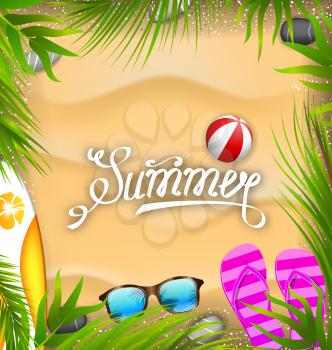 Illustration Beautiful Poster with Palm Leaves, Beach Ball, Flip-flops, Surf Board, Sunglasses, Sand Texture. Summer Travel Background - Vector