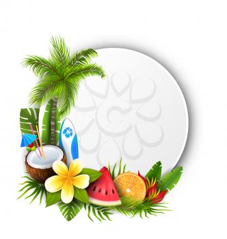 Card with Coconut Cocktail, Slice Watermelon, Orange Fruit and Flowers. Summer Time, Holidays - Vector Illustration
