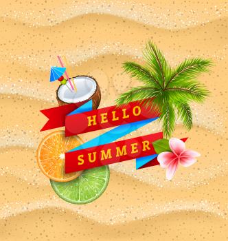Hello Summer Banner with Flower, Coconut Cocktail, Palm Tree Leaves, Slices of Orange and Lime. Poster Creative Design - Vector