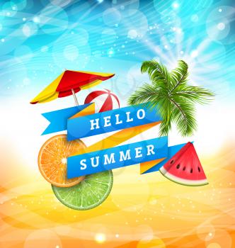 Summer Fun Poster Design with Watermelon, Umbrella, Beach Ball, Slices of Orange and Lime, Palm Tree Leaves. Banner Hello Summer - Illustration Vector