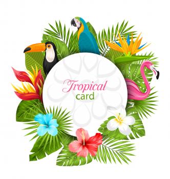 Illustration Summer Card With Tropical Plants, Hibiscus, Plumeria, Flamingo, Parrot, Toucan. Exotic Flowers and Animals - Vector