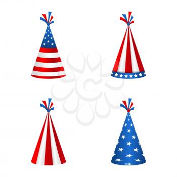 Set Party Hats with Flag of the United States of America. Accessory for American Holidays. Objects Isolated on White Background - Illustration Vector