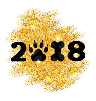 New Year 2018 with Symbol Dog Paw Print and Bone Shape, Glitter Surface - Illustration Vector