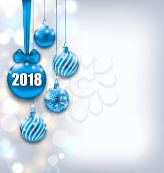 Happy New Year 2018 with Blue Glass Balls, Glitter Light Banner- Illustration Vector