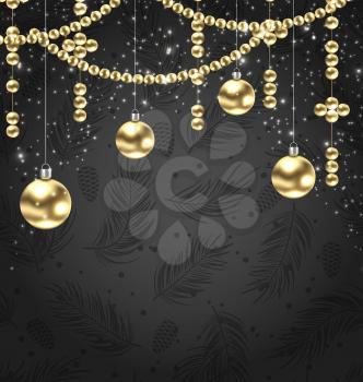 Christmas Golden Balls and Adornment on Black Background - Illustration Vector