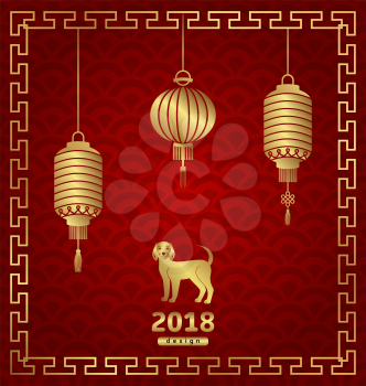Happy Chinese New Year 2018 Card with Lanterns and Dog, Golden Colors - Illustration Vector