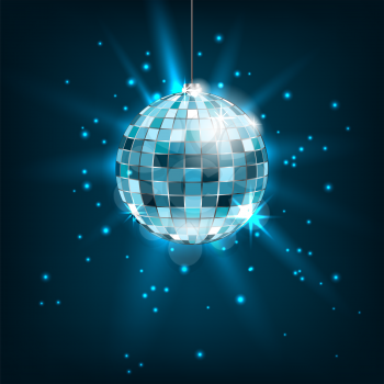 Blue Disco Ball with Light Rays. Glitter Shiny Background - Illustration Vector