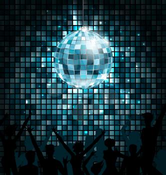 Disco Ball with Silhouettes of People Dance. Party Glowing Lights Background - Illustration Vector
