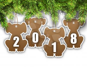 Shimmering Light Wallpaper with Fir Branches and Stickers Dog for Happy New Year 2018 - Illustration Vector