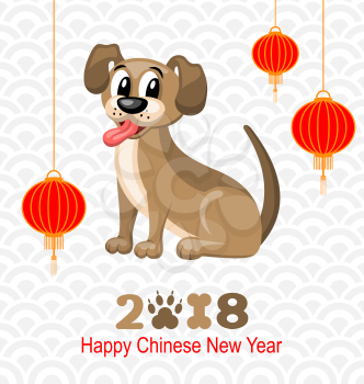 2018 Chinese New Year of Dog, Lanterns and Doggy, Celebration Eastern Card - Illustration Vector