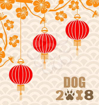 Happy Chinese New Year 2018 Card with Hanging Lanterns and Blossom Sakura - Illustration Vector