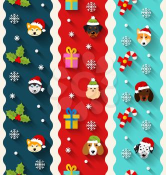 Set Seamless Vertical Wallpaper with Heads Dogs and Traditional Elements for Christmas and Happy New Year - Illustration Vector