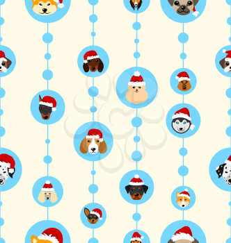 Seamless Wallpaper with Heads Dogs in Santa Hats for Happy New Year  - Illustration Vector