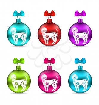 Colorful Glass Christmas Balls with Dogs. Group Balls with Bows Isolated on White Background - Illustration Vector