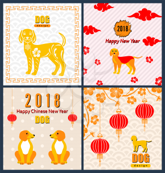 Collection Banners with Chinese New Year Earthen Dog, Blossom Sakura Flowers, Lanterns. Templates for Design Greeting Cards, Invitations, Flyers etc. - Illustration Vector