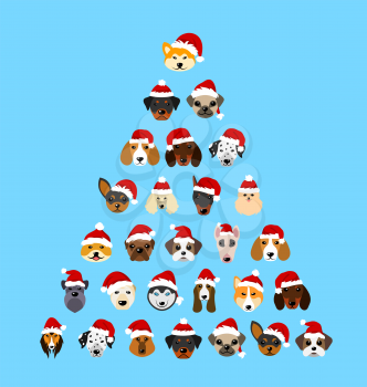 Set Different Breeds of Dogs in Hats of Santa Claus, Symbols New Year - Illustration Vector