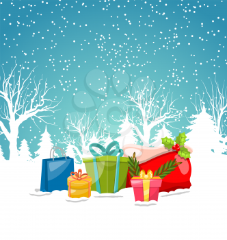 Christmas Greeting Background, Winter Landscape with Gift Boxes, Presents, Bag - Illustration Vector