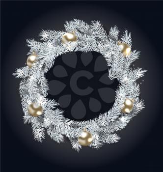 Christmas Wreath with Golden Balls, New Year and Christmas Decoration, on Dark Background - Illustration Vector