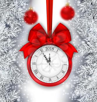New Year Shimmering Background with Clock and Silver Branches - Illustration Vector