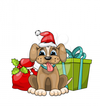 Funny Dog Wearing Santa Hat with Christmas Gift Boxes - Illustration Vector