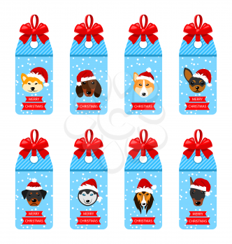 Set Christmas Labels with Heads Dogs in Santa Hats, Isolated on White Background - Illustration Vector