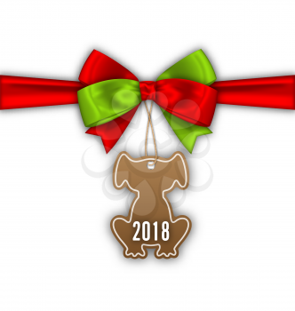 Bow Ribbon with Tag Dog, Label with 2018 - Illustration Vector