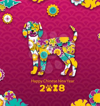 2018 Chinese New Year Banner, Earthen Dog, Paper Colorful Cutting Pattern - Illustration Vector