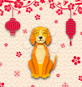 2018 Chinese New Year Card, Earth Dog, Sakura Flowers Branches, Lanterns - Illustration Vector