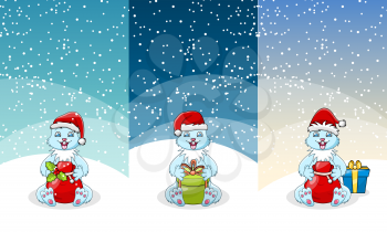 Christmas gift and toy banner set. Present boxes with bow and ribbon, santa bag with candy cane, plush bear and rabbit, snow globe, rocking horse and clown with bell. Xmas and New Year theme design