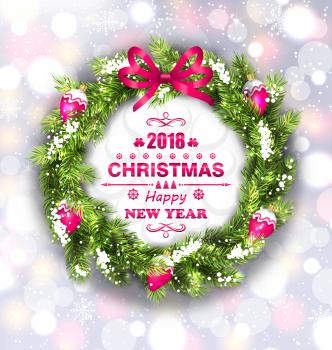 Christmas Wreath with Wishes for Happy New Year 2018. Congratulation Card Template - Illustration Vector