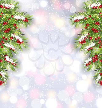 Christmas Background with Fir Tree Branches, Glowing Banner for Happy New Year - Illustration Vector
