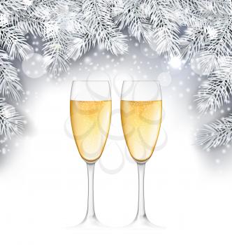 Champagne Glass, Christmas Background with Silver Twigs - Illustration Vector