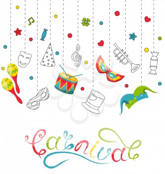 Greeting Festive Poster for Happy Carnival, Handwritten Lettering, Party Colorful Icons and Objects - Illustration Vector