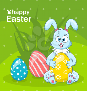 Easter Bunny Egg Hunt, Cartoon Rabbit, Greeting Banner - Illustration Vector