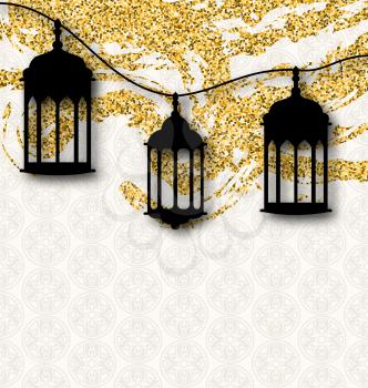 Ramadan Kareem Greeting Card Calligraphy with Traditional Lanterns - Illustration Vector