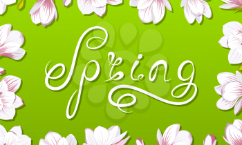 Spring Border Frame with Beautiful Magnolia Flowers, Lettering, Headline - Illustration Vector