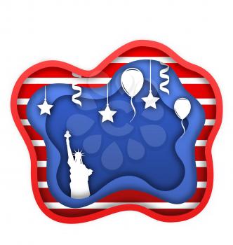 Fourth of July Independence Day of the USA, Statue of Liberty, Ballons, Confetti. Cut Paper Style - Illustration Vector