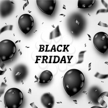 Black Friday Poster with Shiny Balloons and Confetti on White Background - Illustration Vector