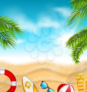 Beautiful Banner with Palm Leaves, Beach Ball, Flip-flops, Surf Board, Sunglasses, Sand Texture, Sea. Summer, Travel, Journey - Illustration Vector