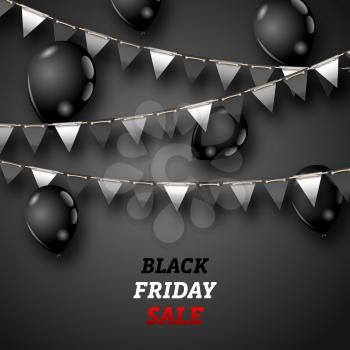 Black Friday Wallpaper with Shiny Balloons and Bunting Pennants - Illustration Vector
