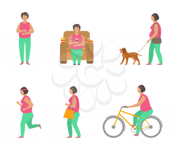 Combating Obesity Through Sports. Fat Woman Walking Dog, Bicycling, Jogging - Illustration Vector